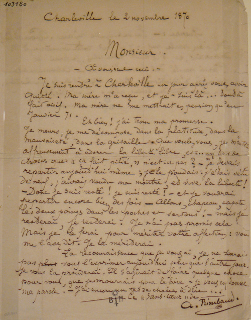 Lettre de Rimbaud à Georges Izambard du 2 novembre 1870