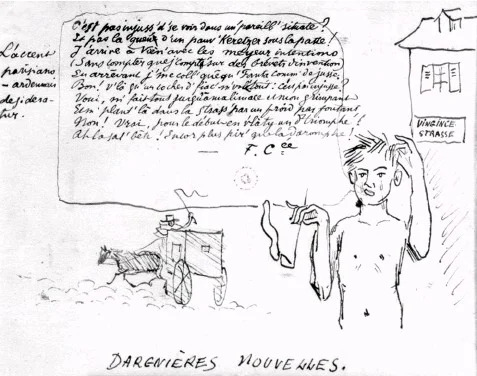 Dessin de Verlaine représentant Rimbaud dévalisé par un cocher