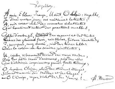 Manuscrit du poème  Voyelle d'Arthur Rimbaud